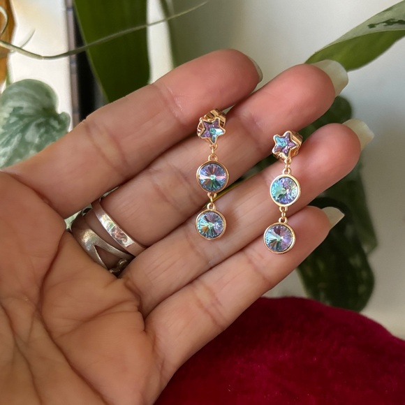Jewelry - Gold-Tone Iridescent Star Drop Earrings - Pink/Blue Hues